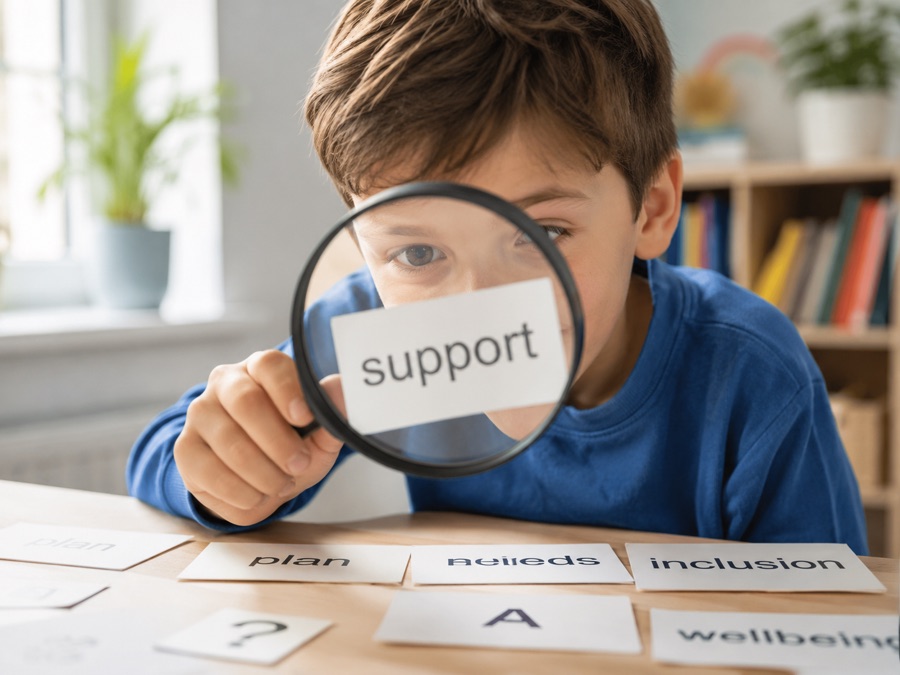 Child looking at SEND words through a magnifying glass