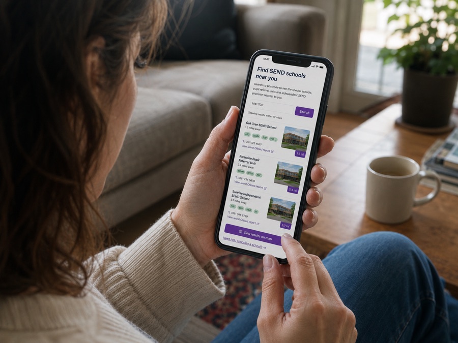 Parent browsing SEND schools near them on a phone